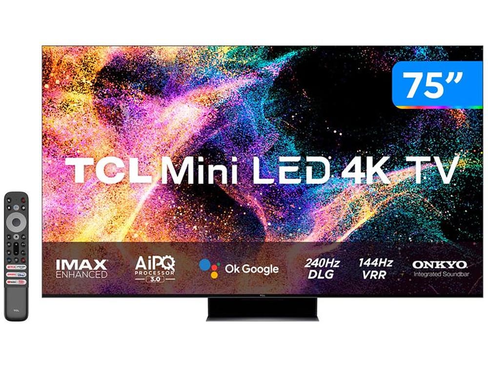 Smart TV 75” 4K QLED Mini LED TCL 75C845 120Hz Wi-Fi Bluetooth Google Assistente 4 HDMI