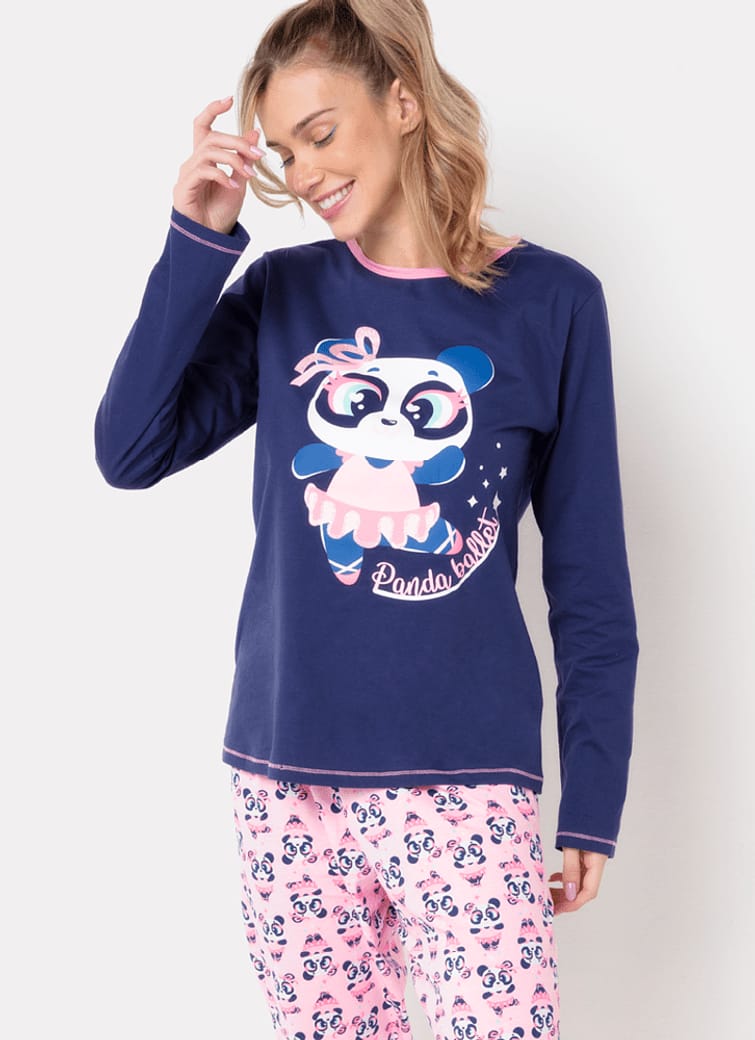 Pijama Manga Longa Feminino Algodão Panda Bailarina
