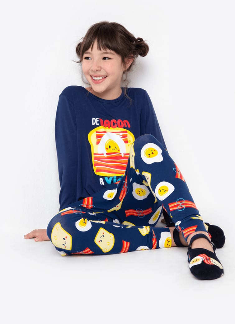 Pijama Manga Longa Menina Viscolycra Família de Bacon a Vida