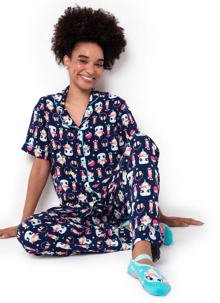 Pijama Longo Manga Curta Feminino Viscose Unicórnio Skate