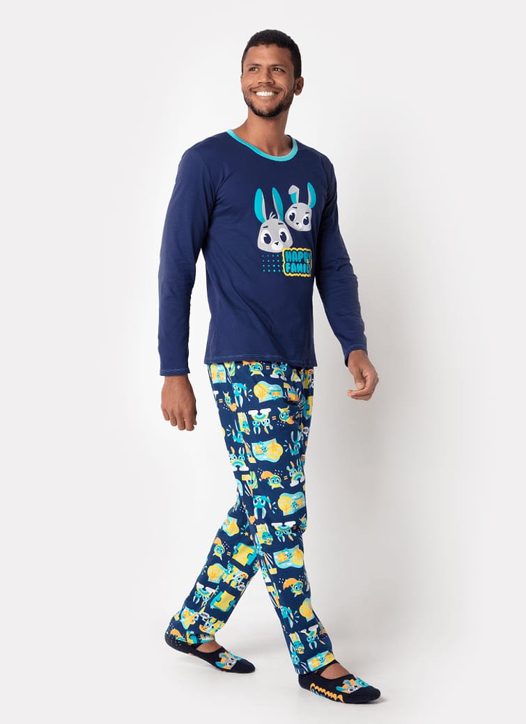 Pijama Manga Longa Masculino Algodão Família Coelho