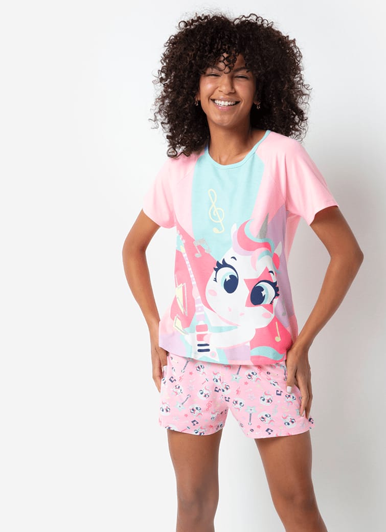 Pijama Manga Curta Feminino Viscolycra Unicórnio Popstar