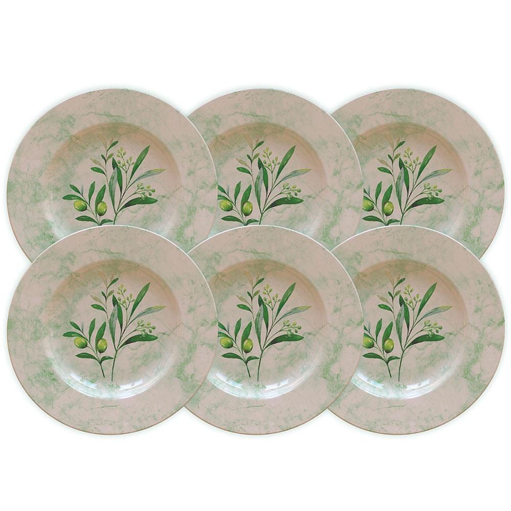 Conjunto com 6 Pratos de Sobremesa Tramontina Oliva em Porcelana 21 cm - Off White/Verde