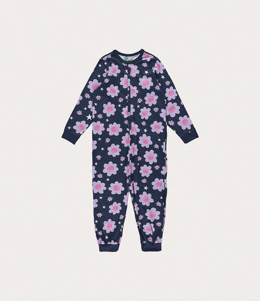 Pijama Macacão Infantil Unissex Floral Em Algodão Malwee Kids