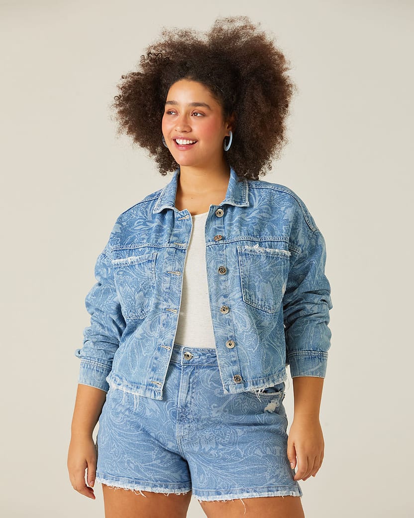 Jaqueta Cropped Feminina Plus Size Paisley Em Jeans 100% Algodão