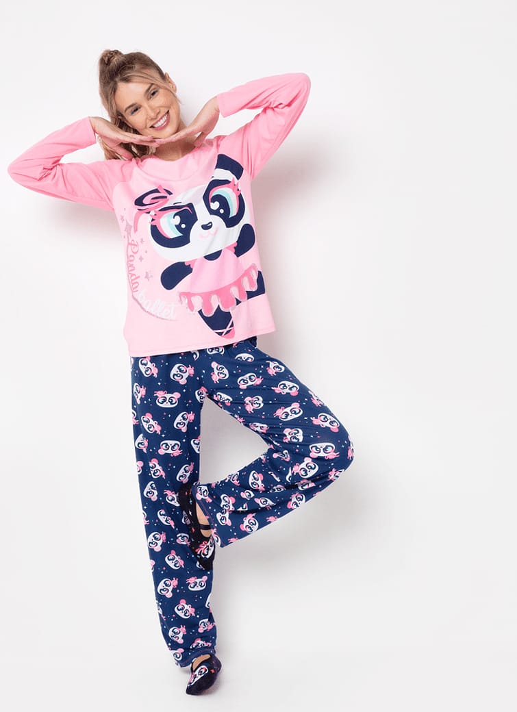 Pijama Manga Longa Feminino Viscolycra Panda Bailarina