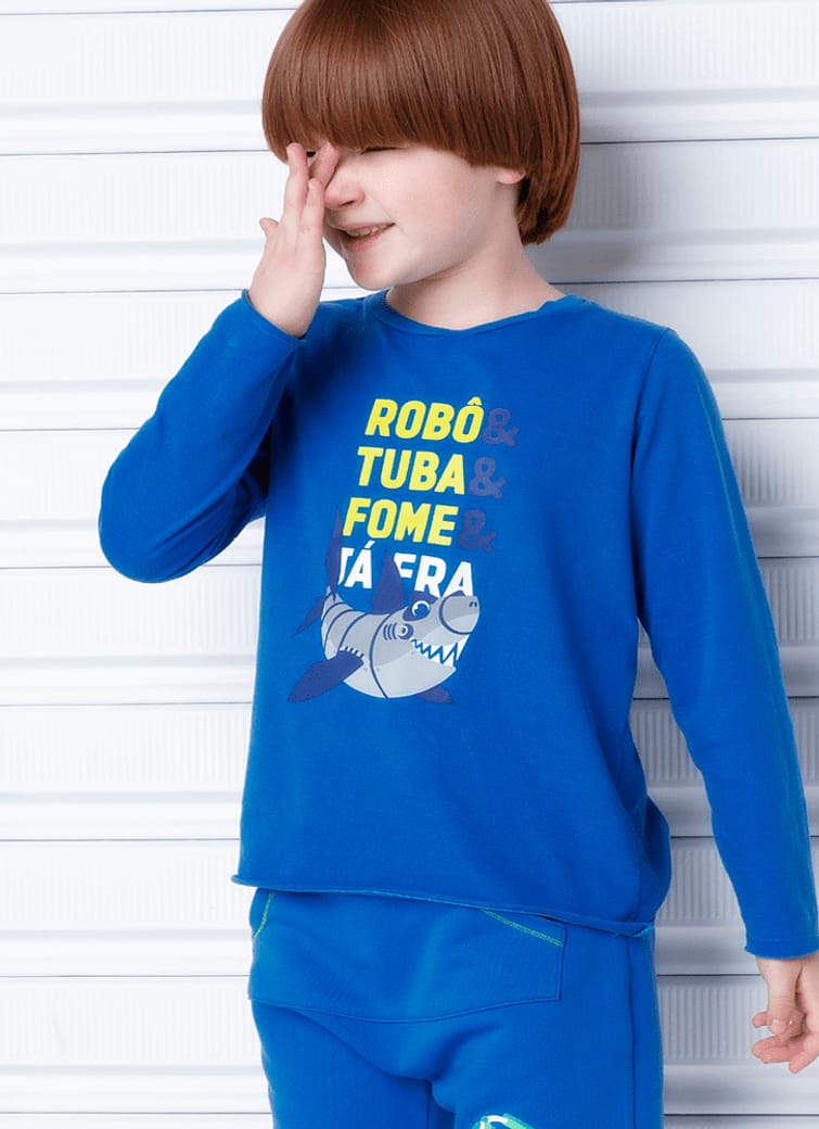 Camiseta Infantil Manga Longa Algodão Tubarão Robô