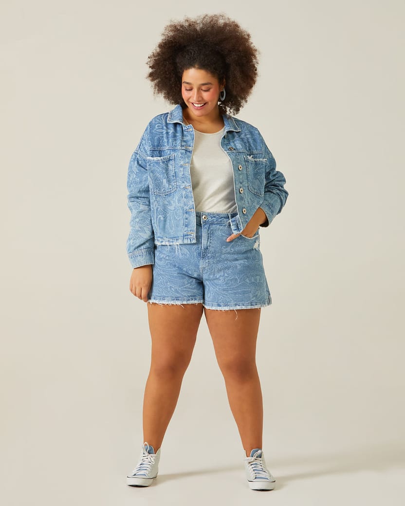 Shorts Feminino Plus Size Paisley Em Jeans 100% Algodão