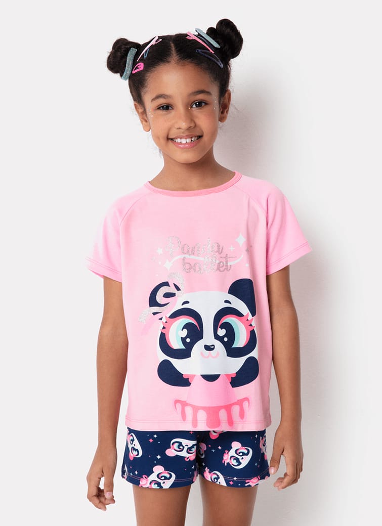 Pijama Manga Curta Menina Viscolycra Panda Bailarina