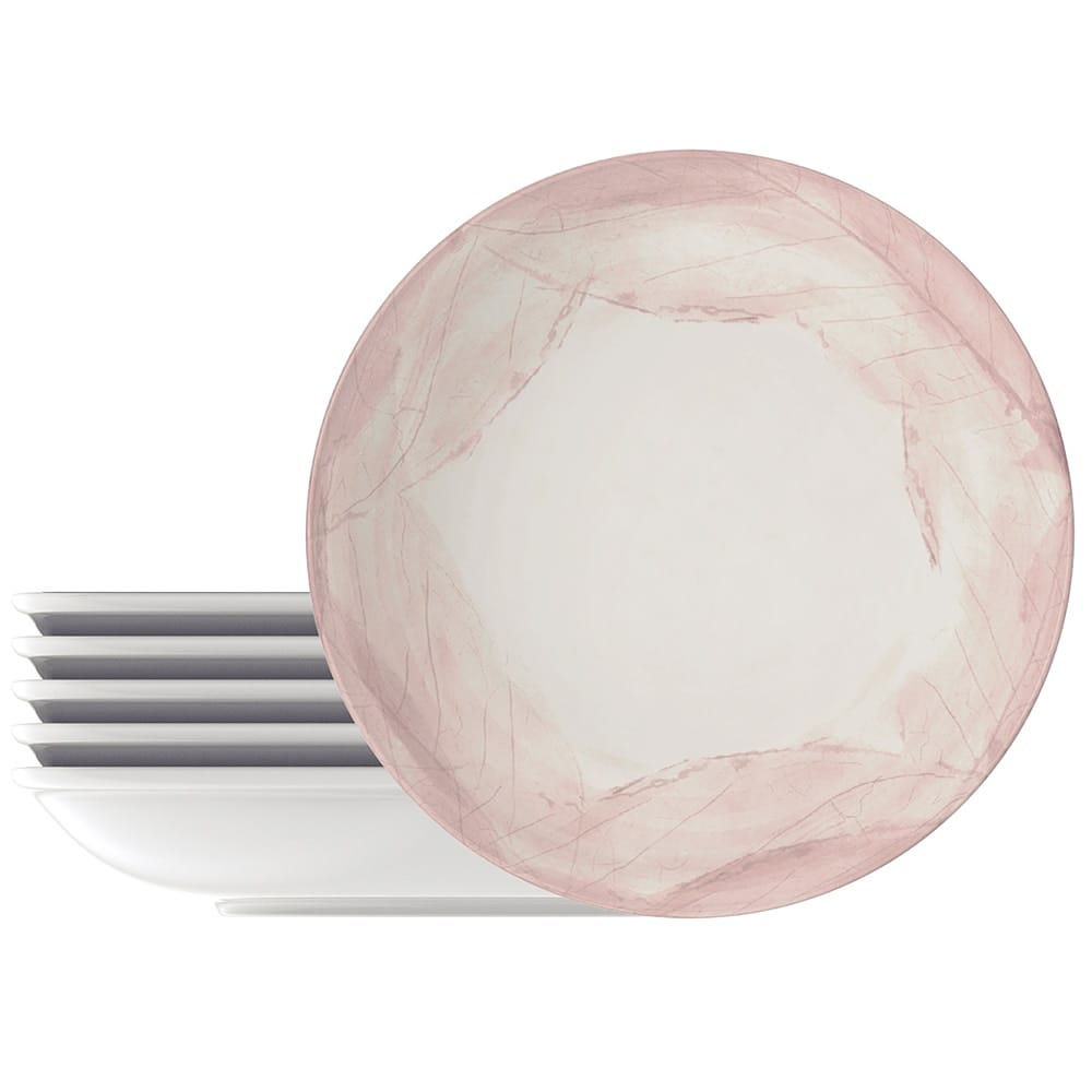Conjunto com 6 Pratos Fundos Tramontina Rosé em Porcelana 22 cm - Branco/Rosa