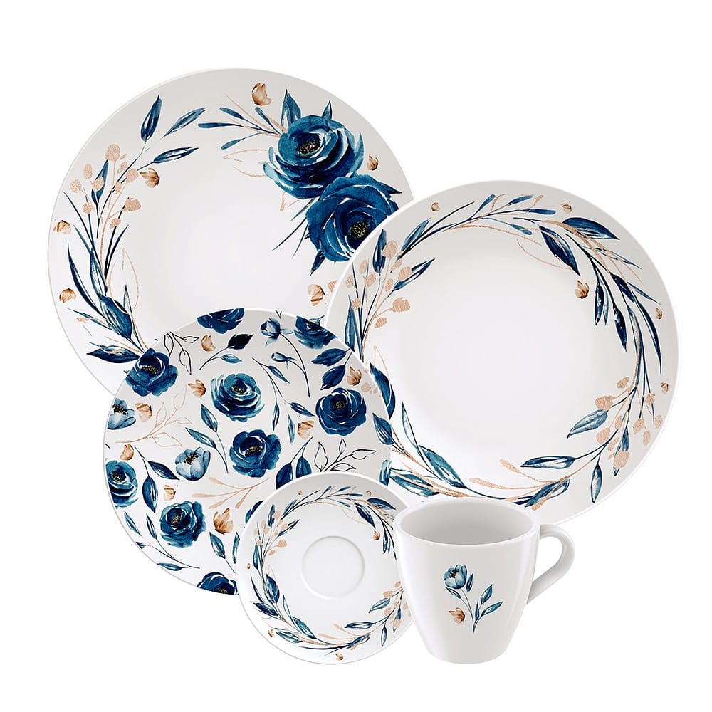 Aparelho de Jantar 20 Peças Tramontina Ana Flor em Porcelana Decorada - Branco/Azul
