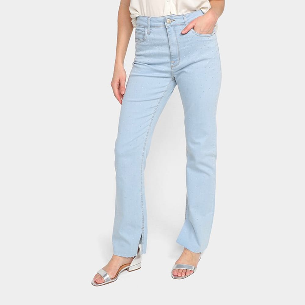Calça Jeans Reta All´s Pâmela Cristais Cintura Alta Feminina