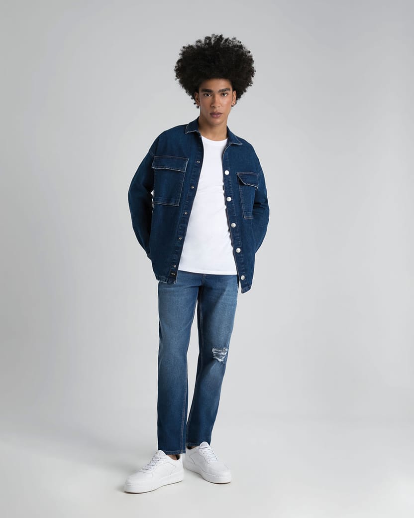 Shirt Jacket Masculina Bolso Frontal Em Jeans Com Elastano - ENFIM