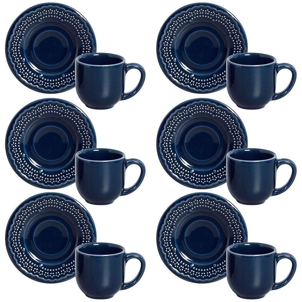 Conjunto com 6 Xícaras e Pires para Café Porto Brasil Madeleine em Cerâmica Feldspática Azul - 72ml