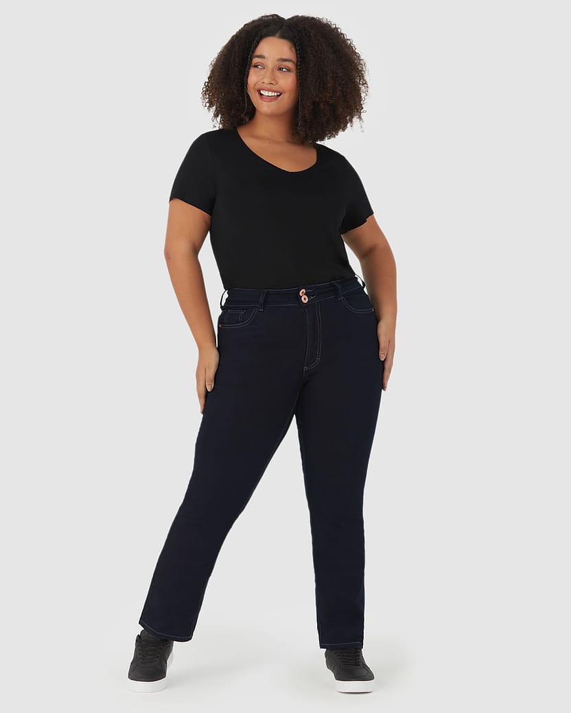 Calça Feminina Plus Size Reta Cintura Média Em Flex Jeans