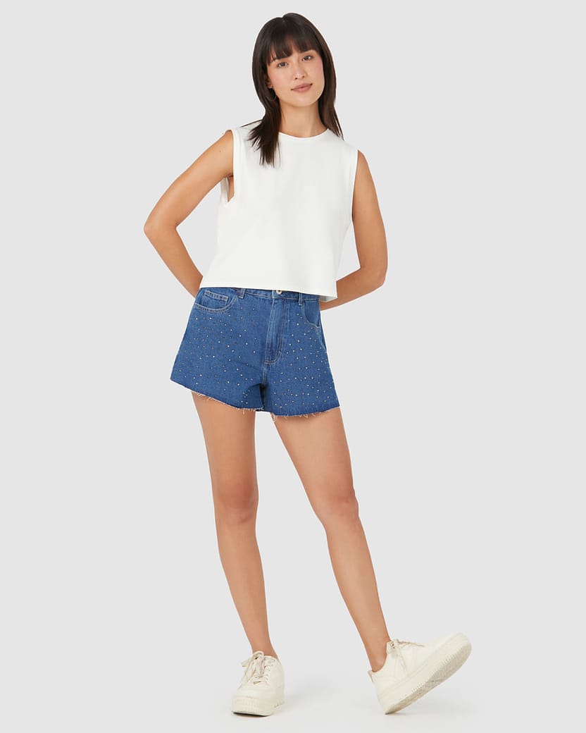 Shorts Feminino Cintura Média Com Strass Em Jeans 100% Algodão