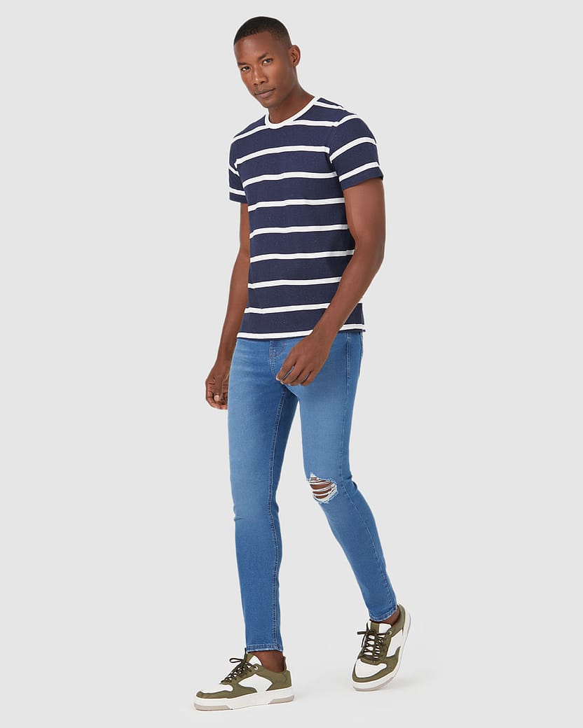 Calça Masculina Skinny Tape Rasgo No Joelho Em Flex Jeans