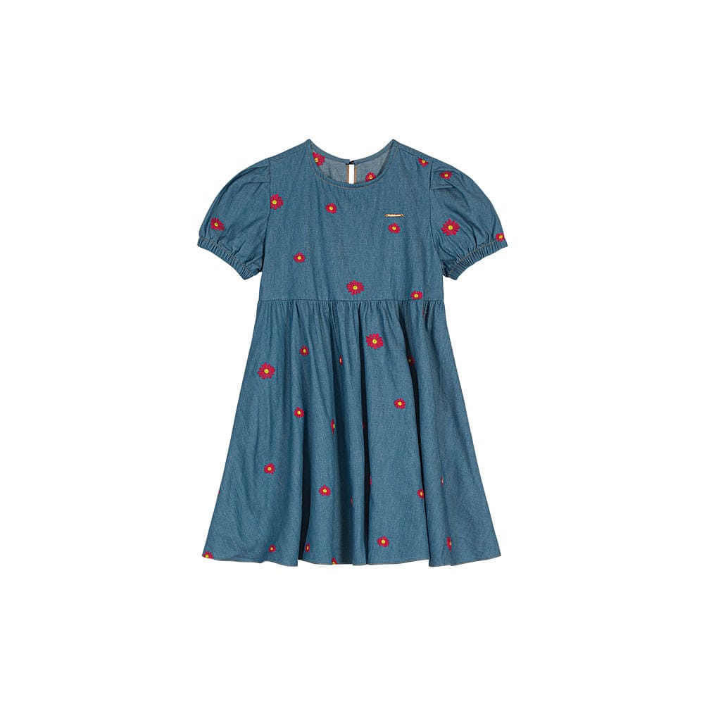 Vestido Menina Bordado Flores Em Chambray Carinhoso