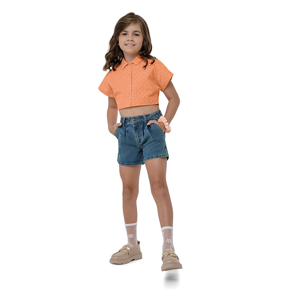 Shorts Menina Pregas Frontais Em Jeans Stretch Carinhoso