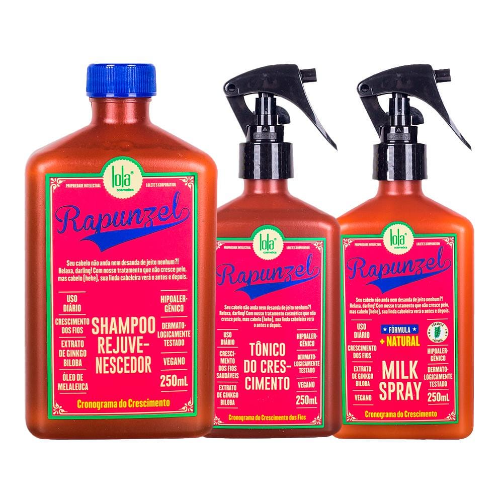 Kit Lola Cosmetics Crescimento Rapunzel - Shampoo e Tônico Capilar De Crescimento e Leave-in Spray