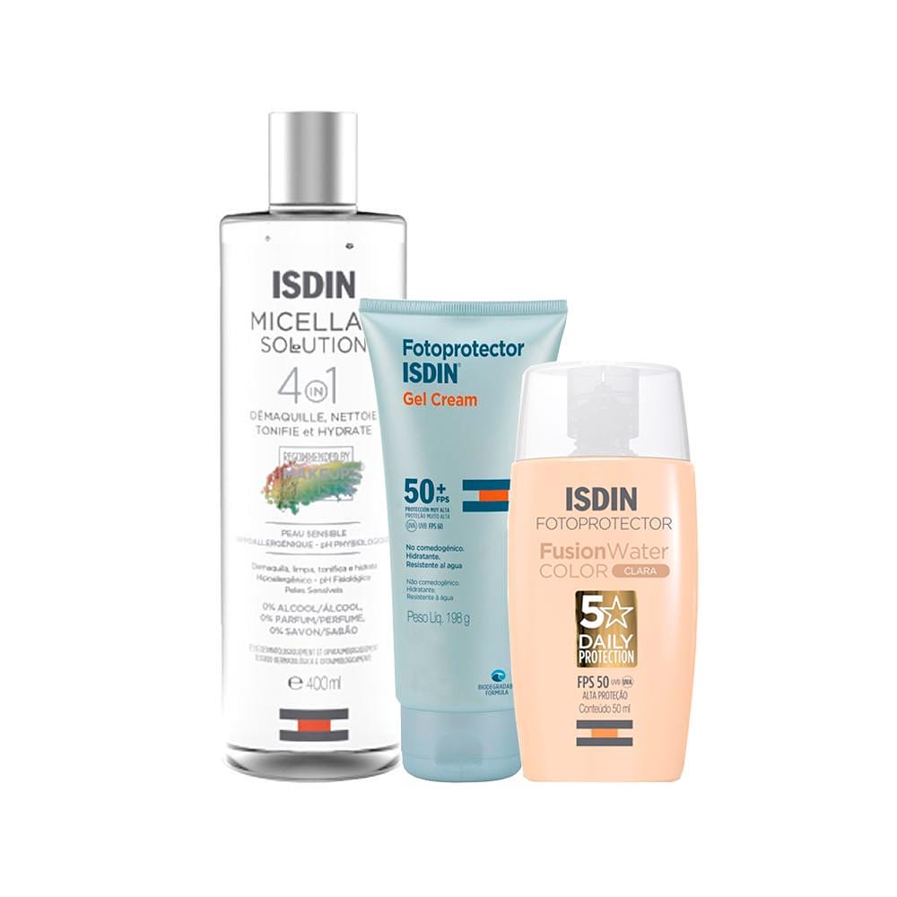 Kit Isdin Facial e Corporal - Água Micelar e Protetor Solar FPS 50 Clara 50 e Protetor Solar FPS 50+