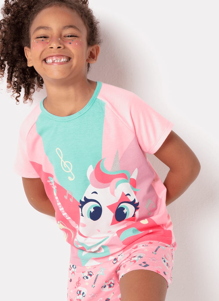 Pijama Manga Curta Menina Viscolycra Unicórnio Popstar