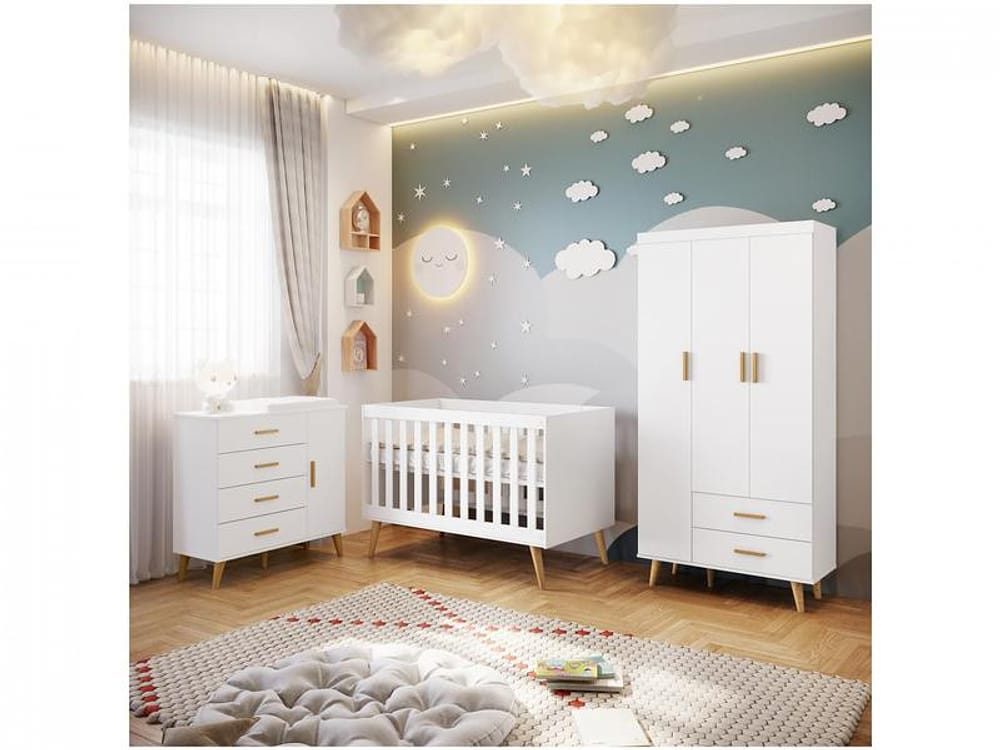 Quarto de Bebê Retrô Completo com Guarda-roupa - Berço e Cômoda Carolina Baby Milla