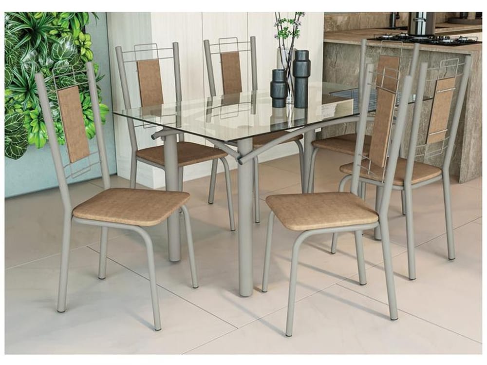 Mesa de Cozinha 6 Cadeiras Retangular - Tampo de Vidro Níckel e Capuccino Kappesberg