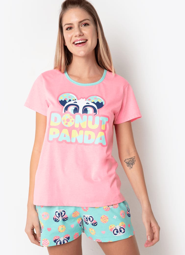 Pijama Manga Curta Algodão Feminino Panda Donuts