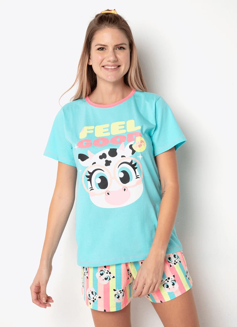 Pijama Manga Curta Algodão Feminino Vaca