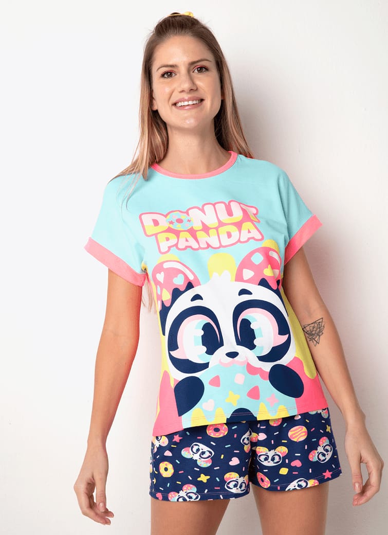 Pijama Manga Curta Viscolycra Feminino Panda Donuts