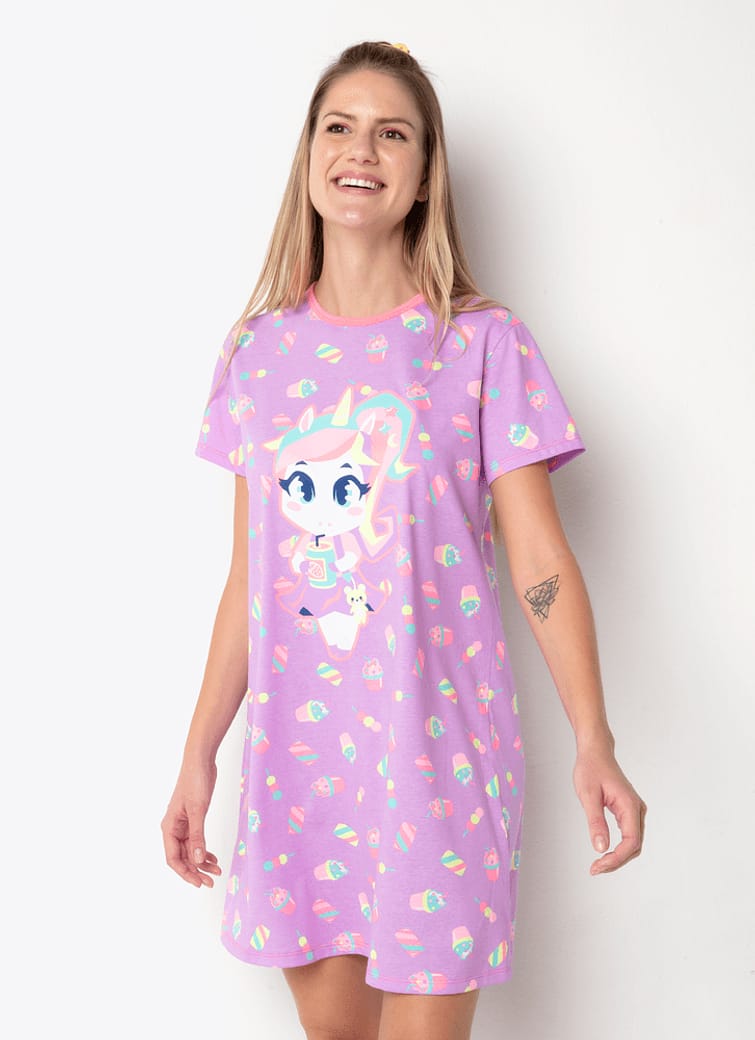 Camisola Manga Curta Algodão Feminino Unicórnio Kwaii