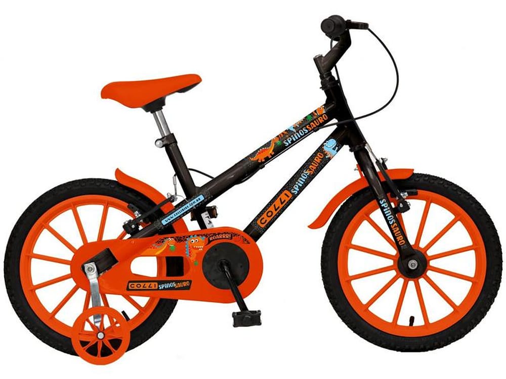 Bicicleta Infantil Aro 16 Colli Spinossauro - Preta com Rodinhas Freio V-Brake