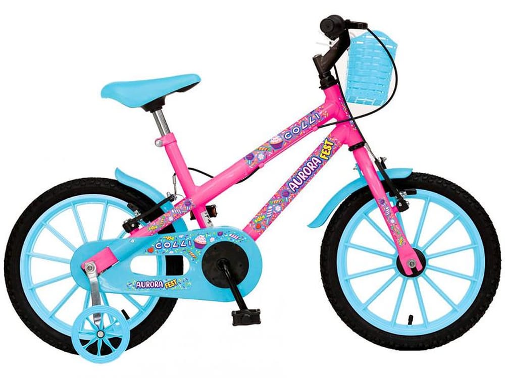 Bicicleta Infantil Aro 16 Colli Aurora Fest - Rosa Neon com Rodinhas Freio V-Brake