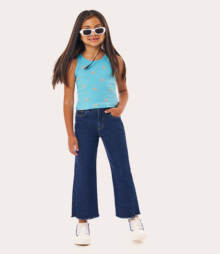 Calça Infantil Menina Wide Leg Cintura Ajustável Em Jeans Moletom Malwee Kids