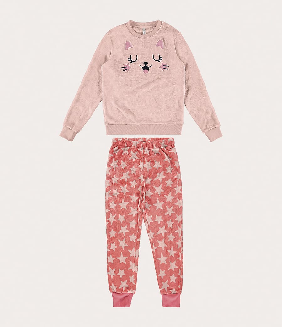 Pijama Feminino Bordado Gato Em Fleece