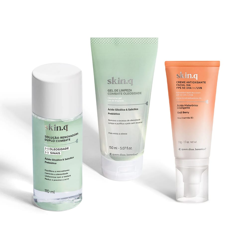 Quem disse, Berenice? Kit Skincare Skin.q: Gel de Limpeza + Solução Renovadora Duplo Combate + Creme Facial Dia Antioxidante FPS 50