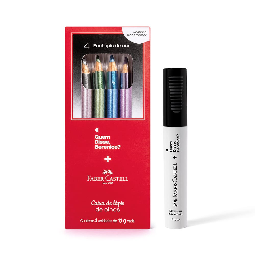 Combo QDB E Faber-Castell: Lápis metalizados para Olhos 4x 1,1g + Máscara Marca Cílios Preto 8ml