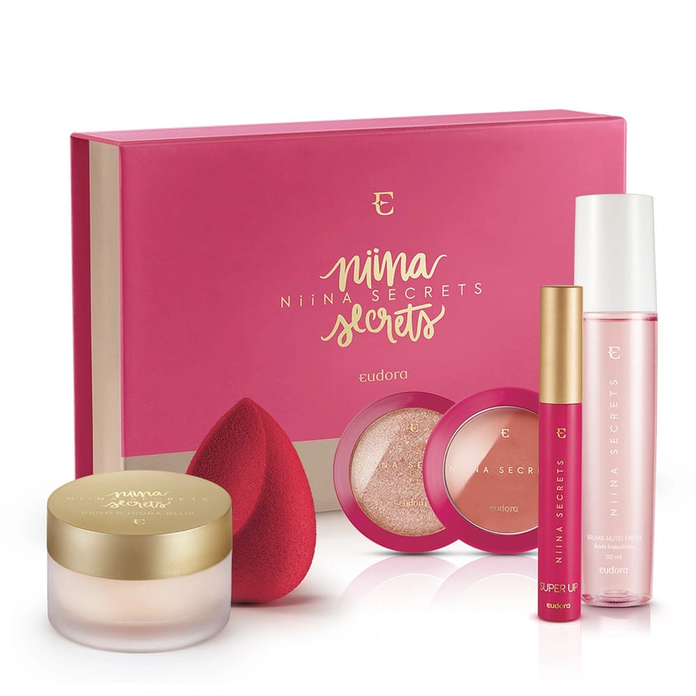 Eudora Kit Box Niina Secrets Blush Pêssego + Máscara + Bruma + Primer + Esponja + Iluminador Rose + BOX EXCLUSIVA*