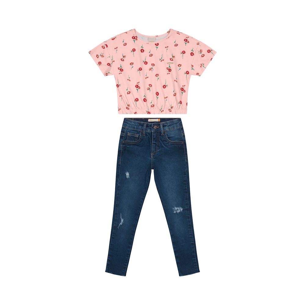 Conjunto Menina Em Cotton Light e Jeans Com Elastano - Carinhoso