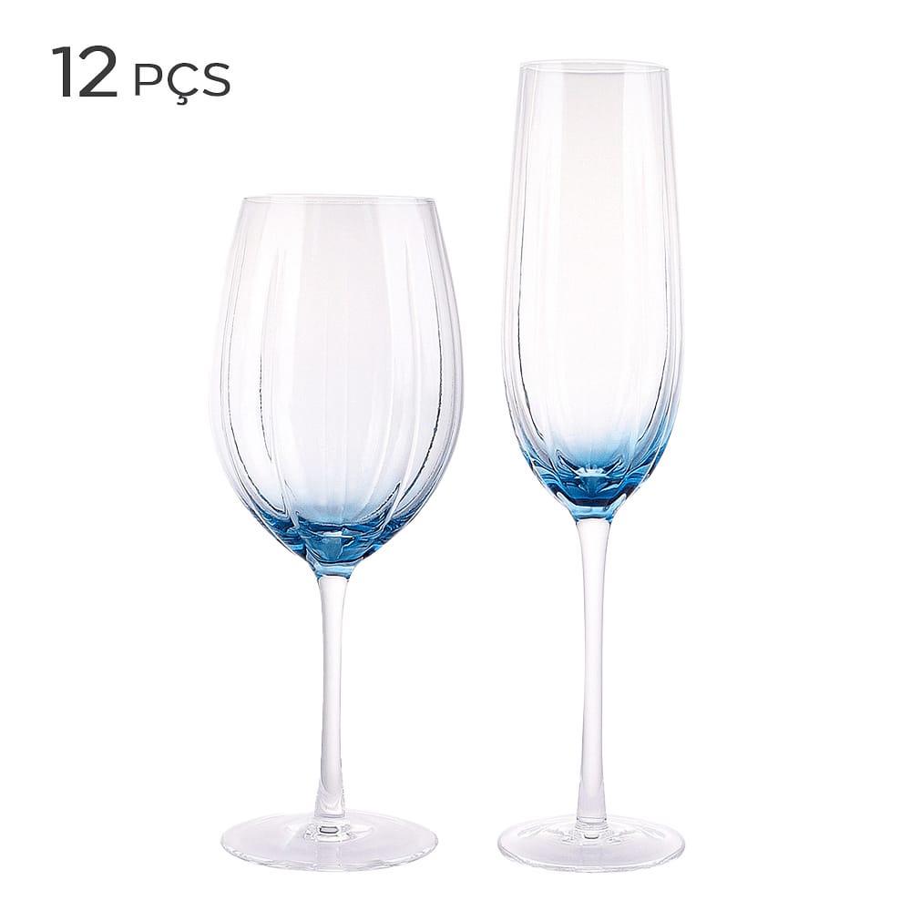 Conjunto Taça de Vidro para Vinho e Champagne Azul 12PÇS