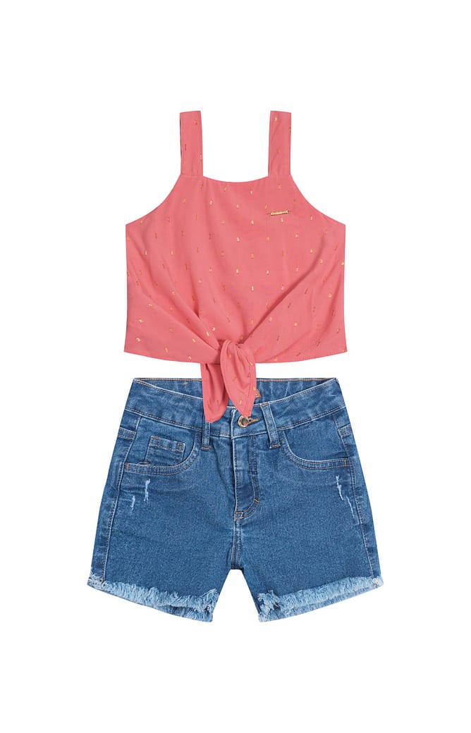 Conjunto Menina Regata Plumetis E Shorts Jeans - Carinhoso