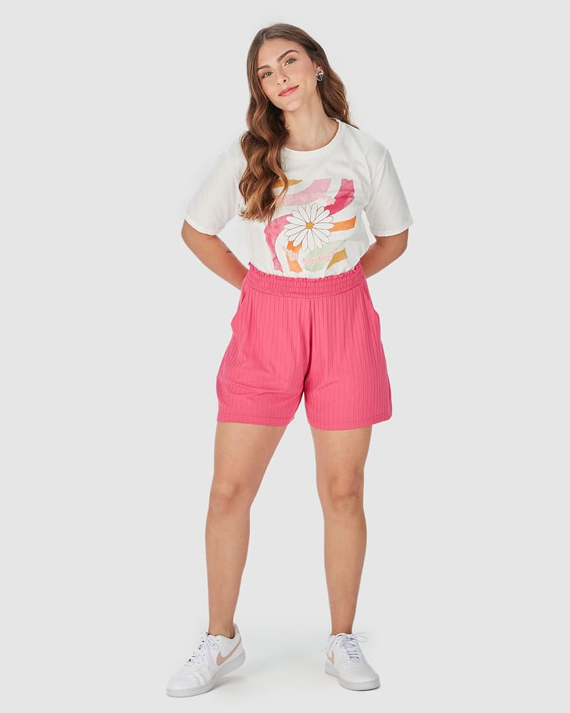 Shorts Feminino Cós Elástico Bolso Faca Em Malha Canelada De Viscose