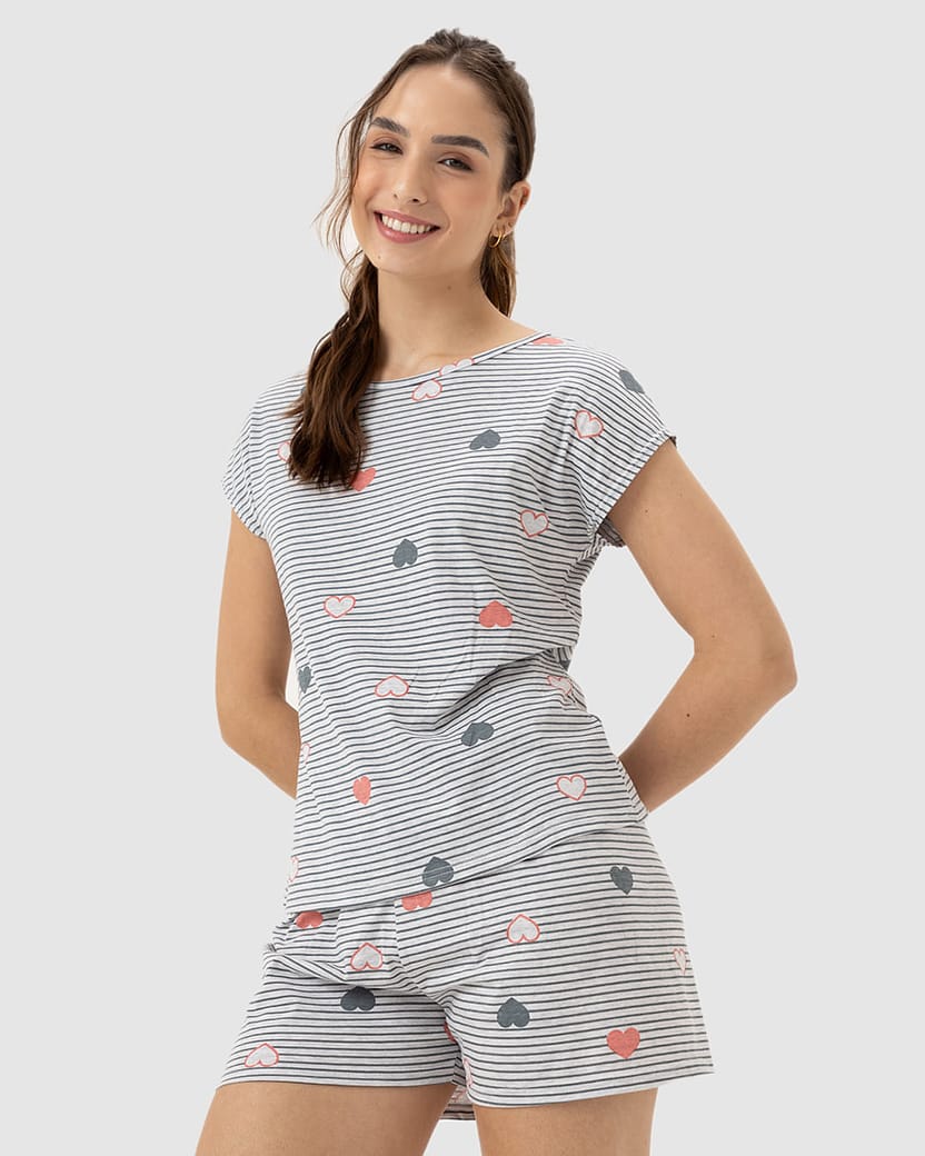 Pijama Feminino Estampa Corações Em Algodão
