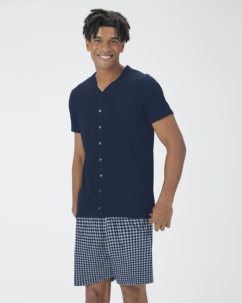 Pijama Masculino Camiseta Abotoamento Frontal Em Algodão