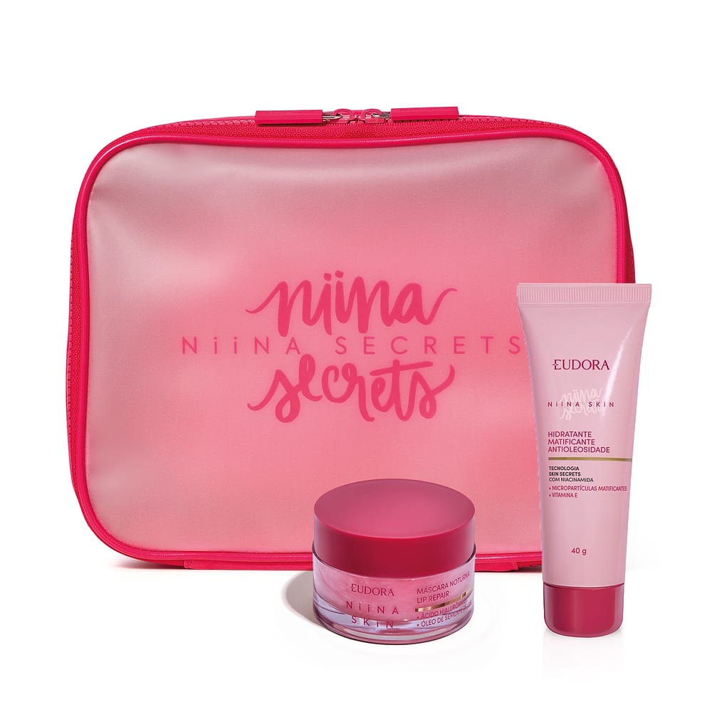 Combo Niina Secrets: Hidratante Matificante Antioleosidade 40g + Máscara Labial Noturna Lip Repair 9g + Nécessaire Pink