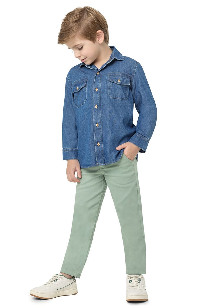 Camisa Menino Manga Longa Bolso Frontal Em Jeans Leve - Carinhoso