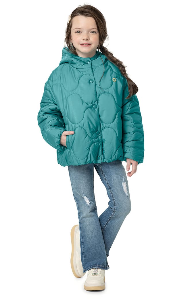 Jaqueta Menina Puffer Com Capuz Em Tafetá - Carinhoso