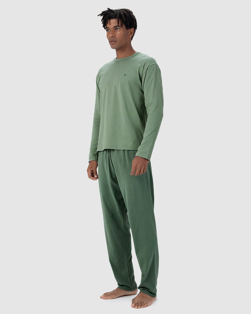 Pijama Masculino Camiseta Gola Redonda Manga Longa Em Algodão