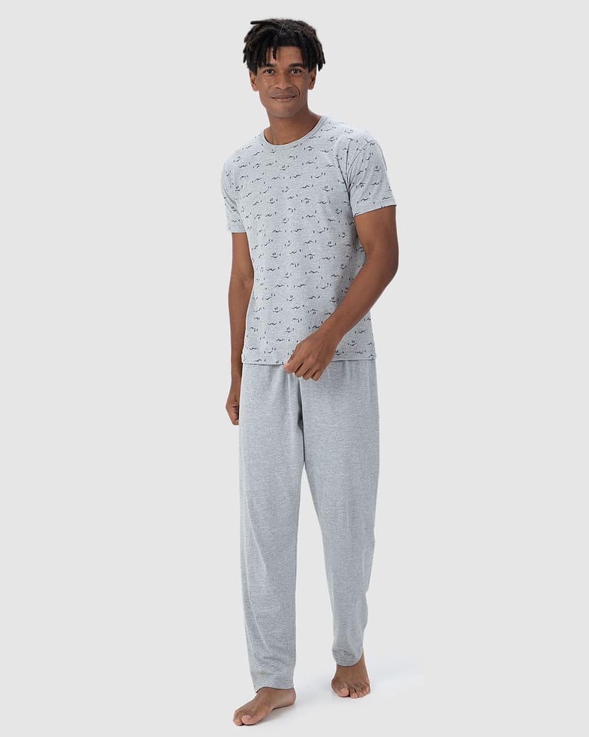 Pijama Masculino Camiseta Manga Curta Estampada Em Algodão